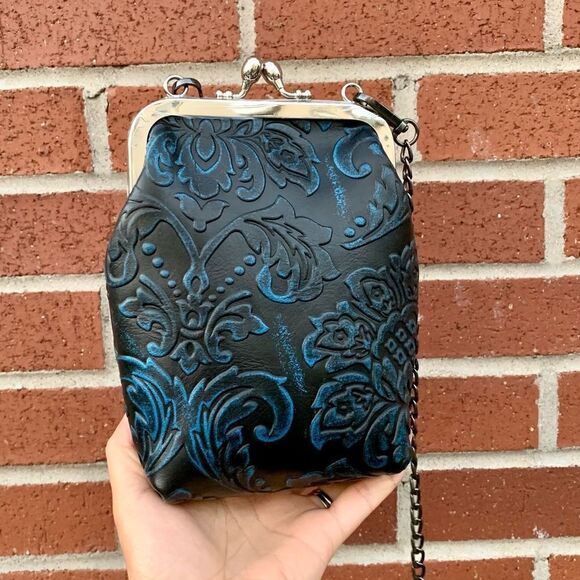 Vintage Style Handmade Genuine Embossed Leather Purse/ Phone case/Crossbody - Picture 7 of 12